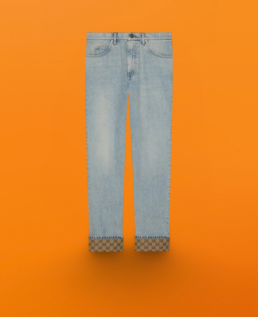 Jeans with floral pattern on hem blue<span class="brand-imgs GUCCI"></span>